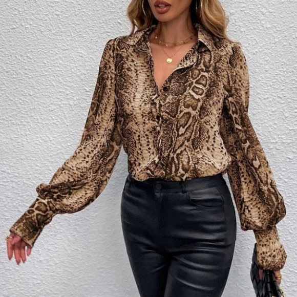 . Tops - Snake Print Bishop Sleeve Blouse